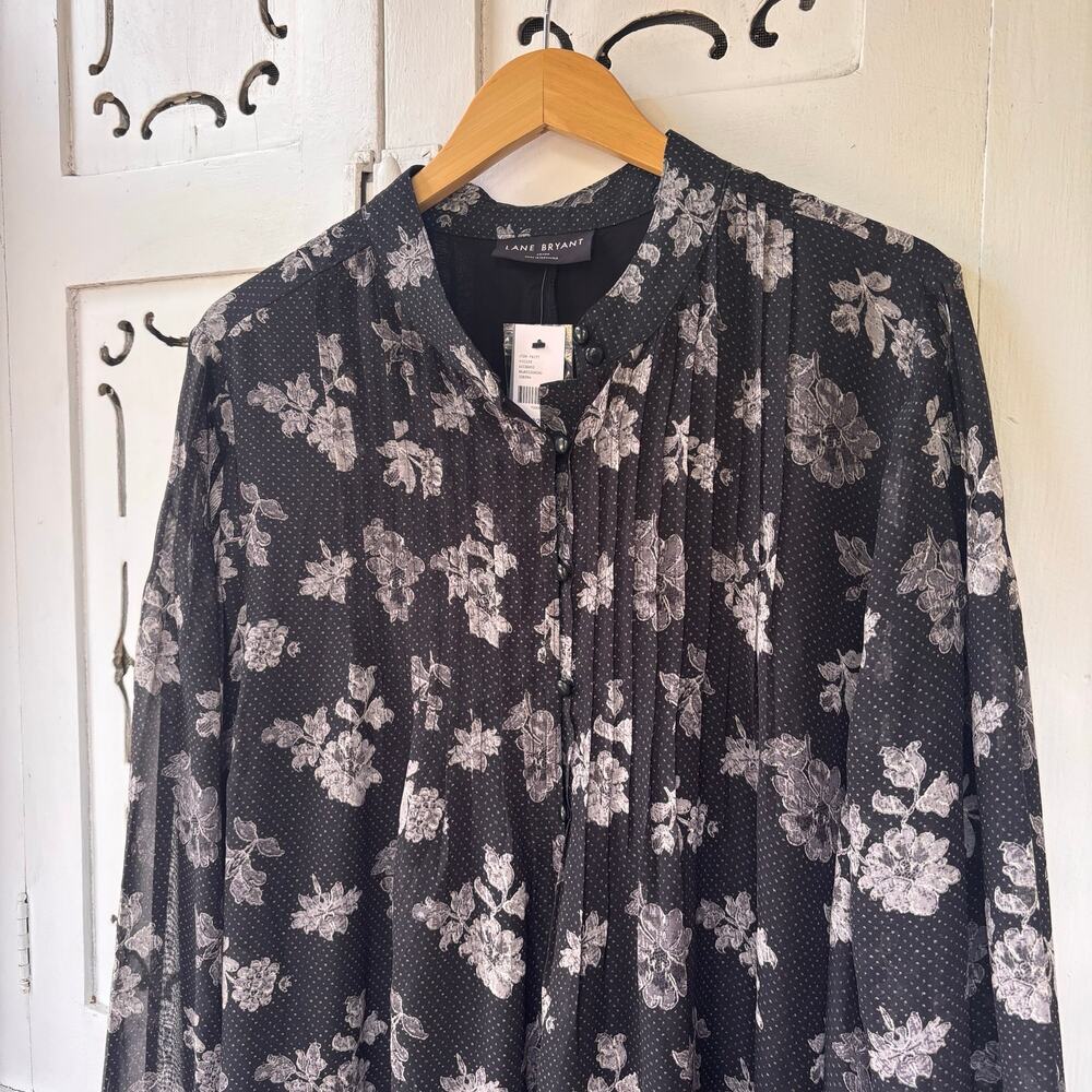 NWT Lane Bryant Pintuck Chiffon Shirt Dress Black Floral Plus Size 18/20 - Picture 2 of 8